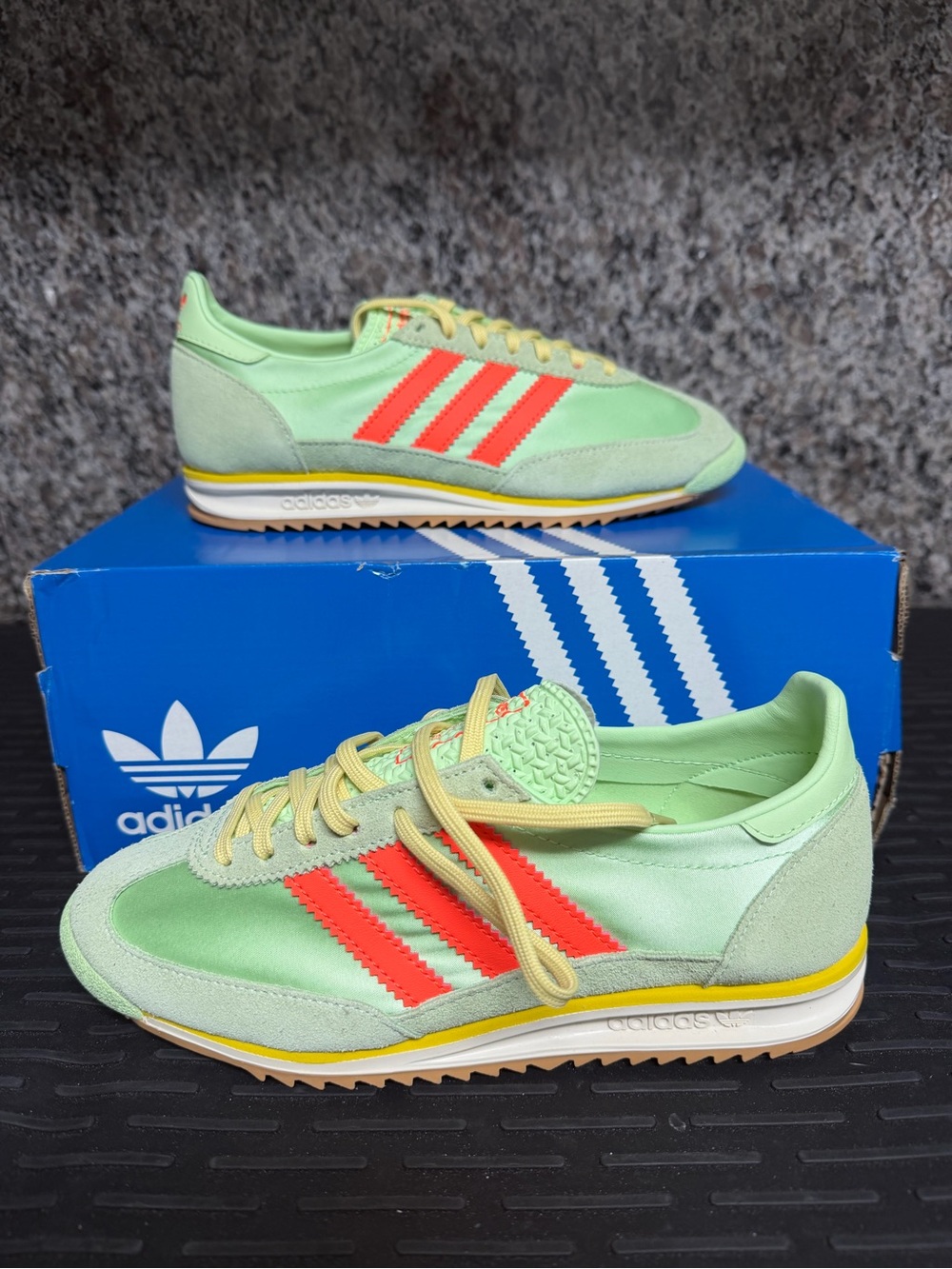 adidas Mint Green Trainers with Coral Stripes and Yellow Accents